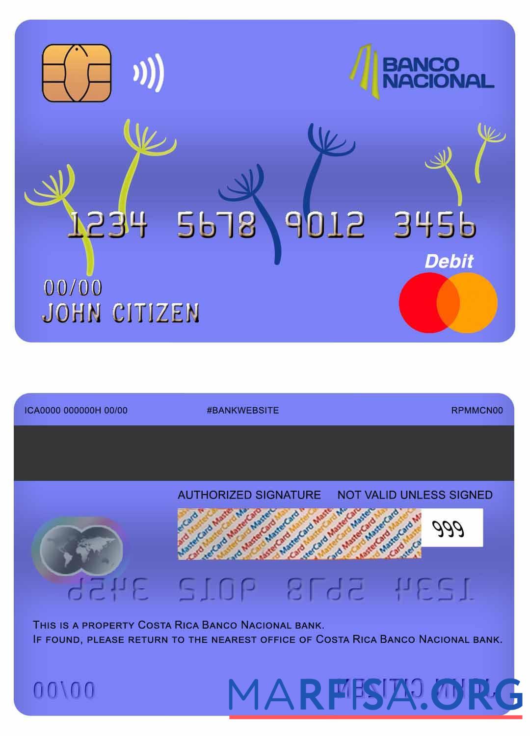 Realistic Costa Rica Banco Nacional bank master debit card template